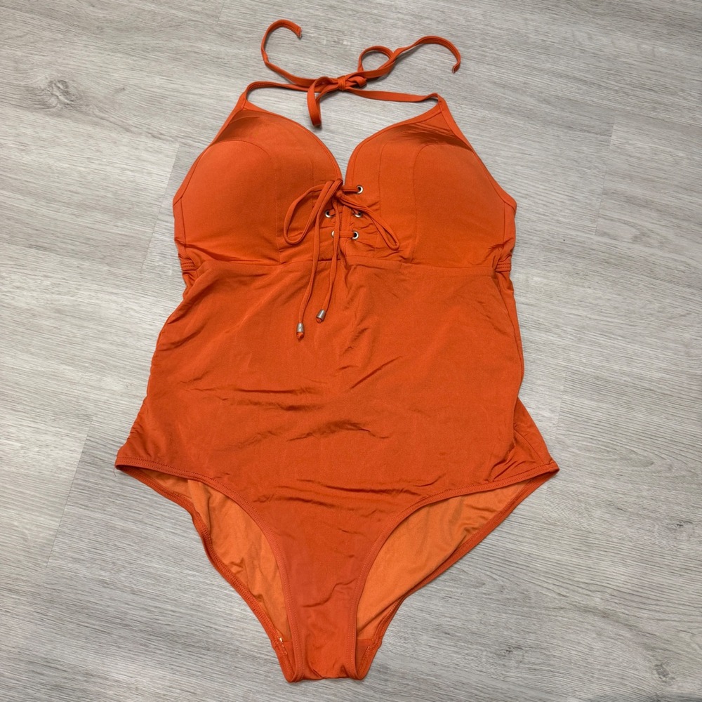 Nip Tuck Swim Orange Lace Up Halter One Piece Swimsuit Multi Fit Cup Size 10 US